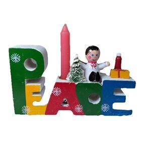 Vintage Words of Christmas Wooden‎ Candle Holder Bottle Brush Tree PEACE In Box